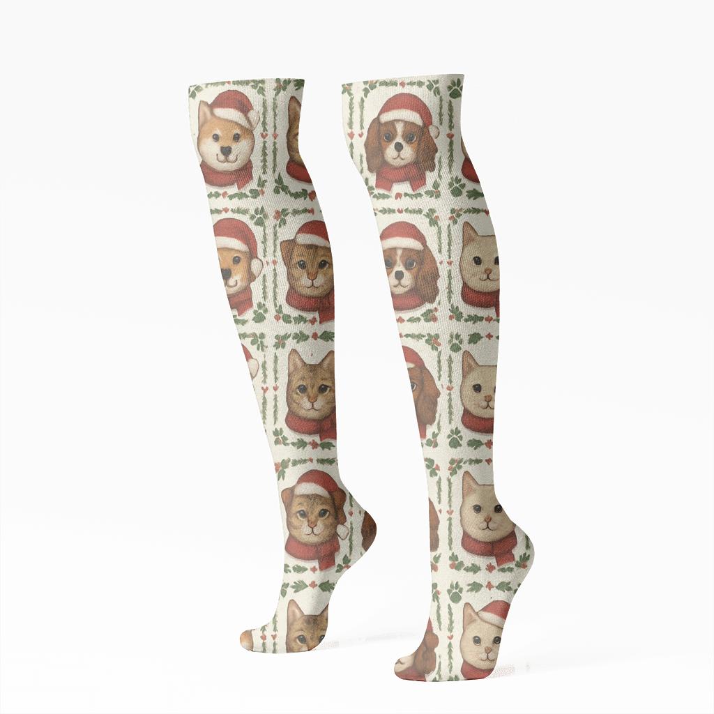 Holiday Pet Portrait Grid On Ivory soft everyday knee-high socks
