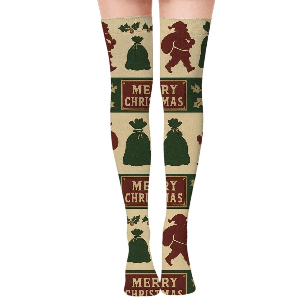 Vintage Santa Poster Band On Cream premium cozy over-the-knee socks