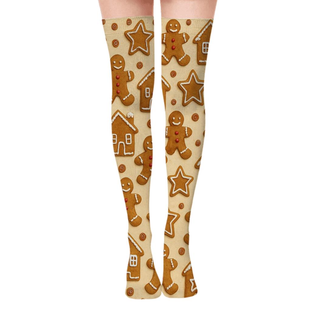 Gingerbread Tile Mosaic On Warm Cream unique graphic over-the-knee socks