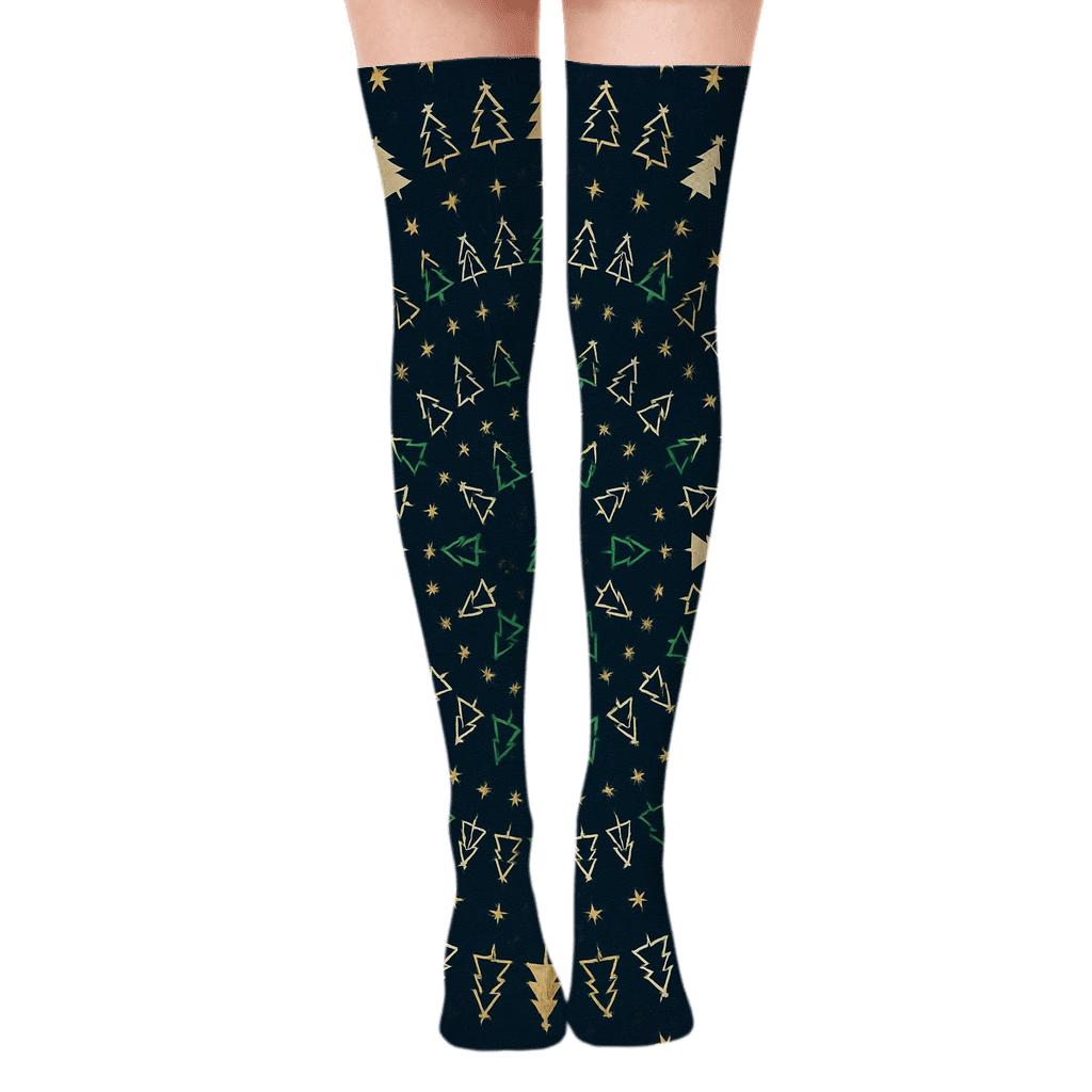 Christmas Tree Concentric Array On Navy Blue stylish fashion over-the-knee socks