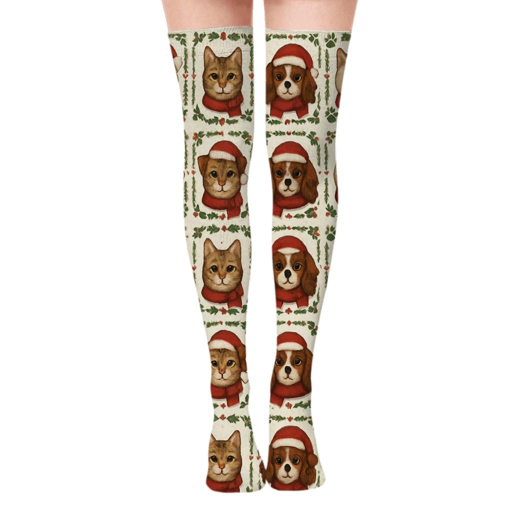 Holiday Pet Portrait Grid On Ivory personalized over-the-knee socks