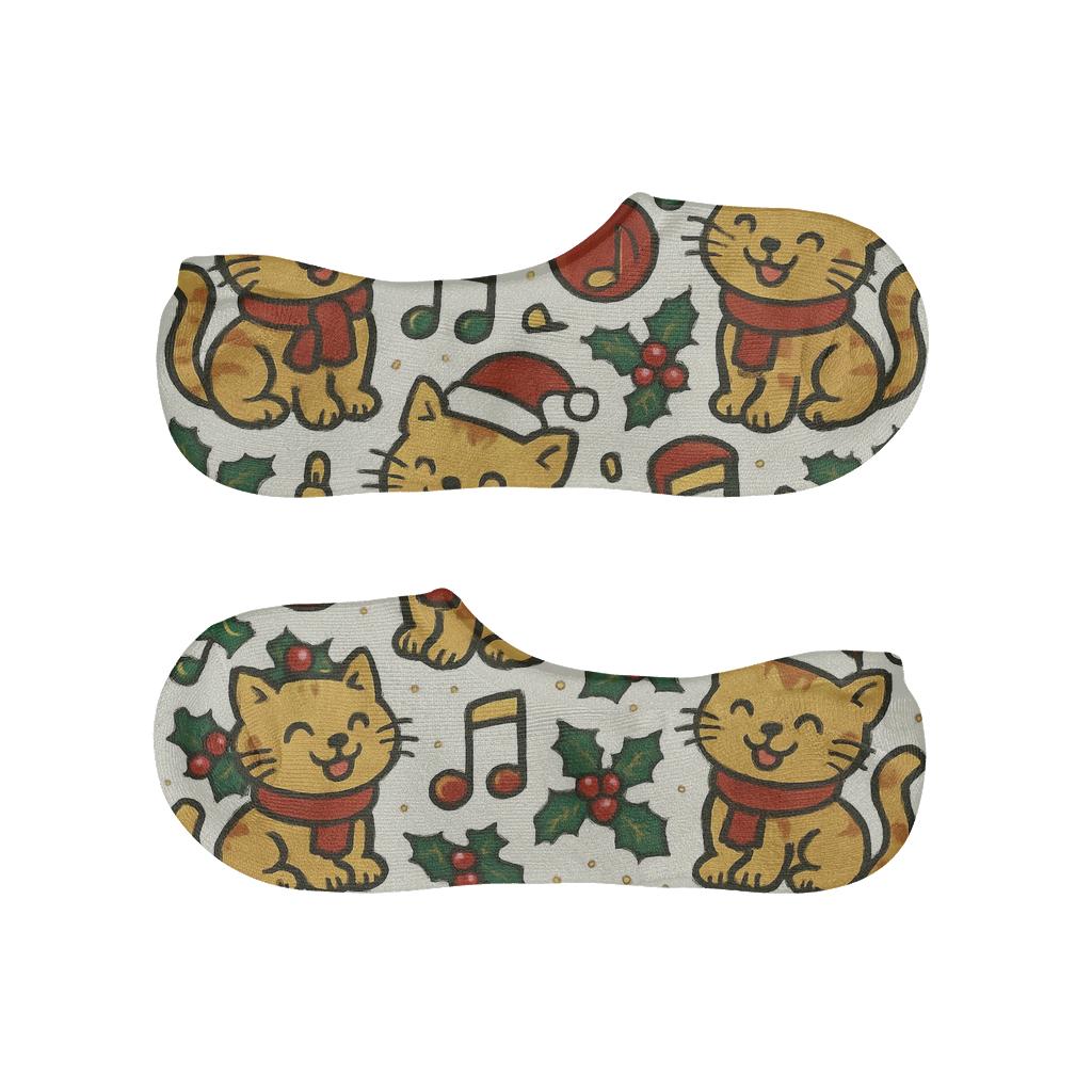 Festive Cat Carolers Grid low cut no-show socks