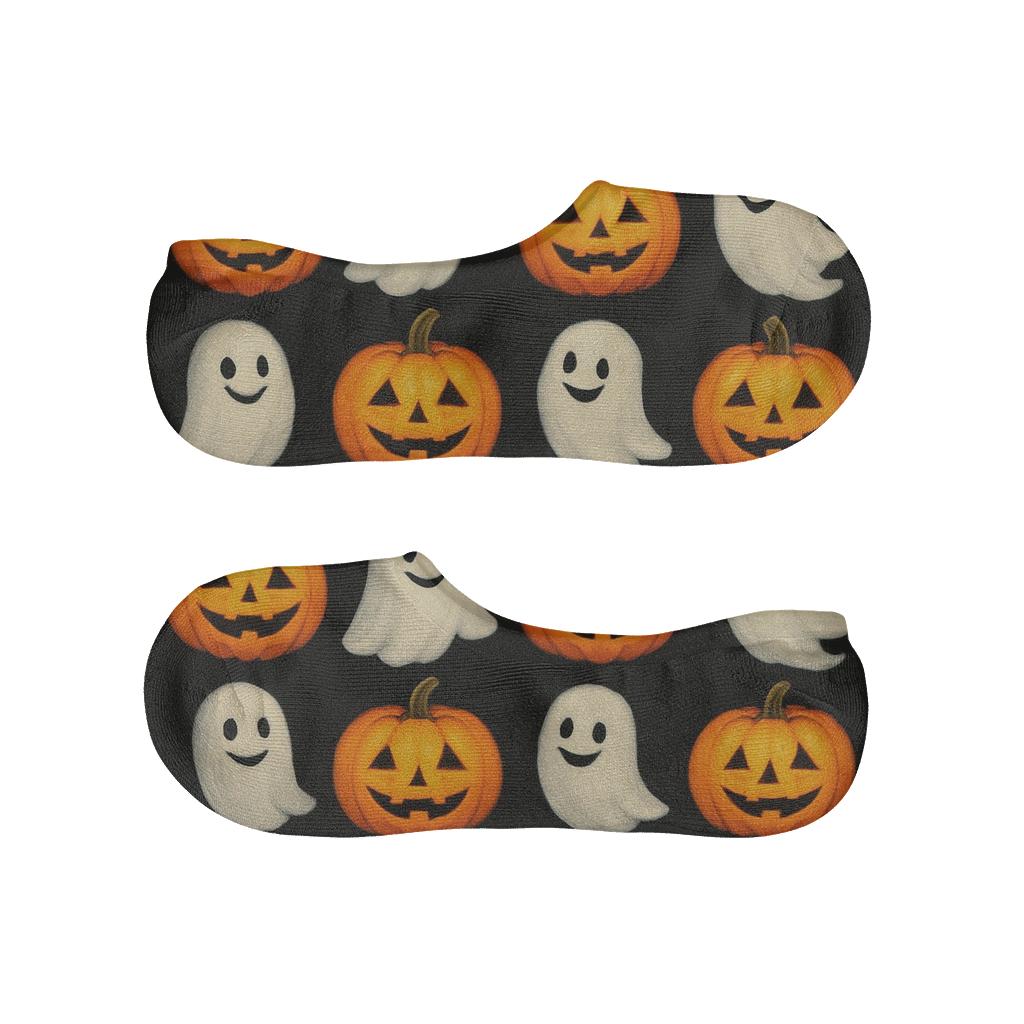 Ghost And Pumpkin Alternating Grid On Black Background trendy no-show sock styles