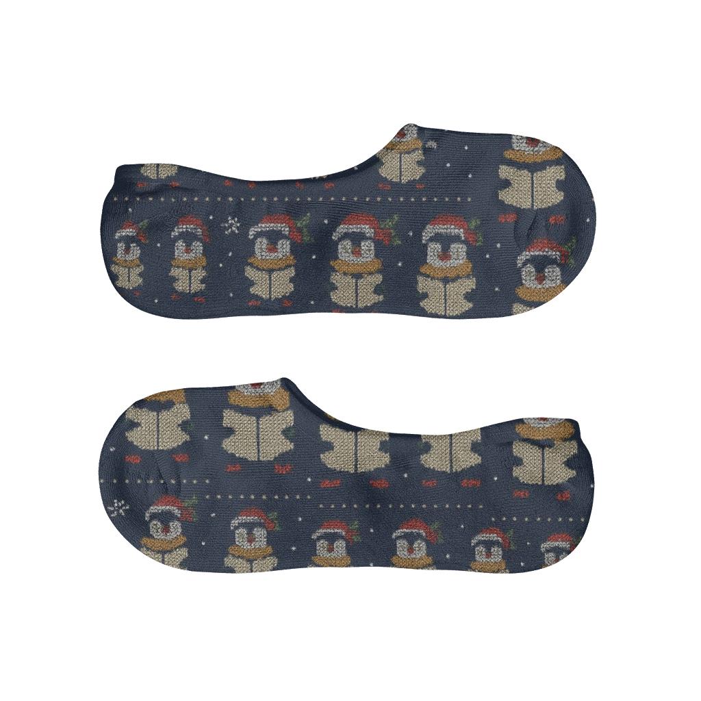 Penguin Carolers Stripe Progression On Navy Blue soft cotton no-show socks