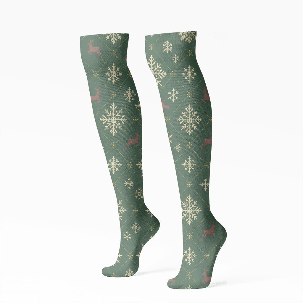 Nordic Snowflake Lattice On Forest Green unique graphic knee-high socks