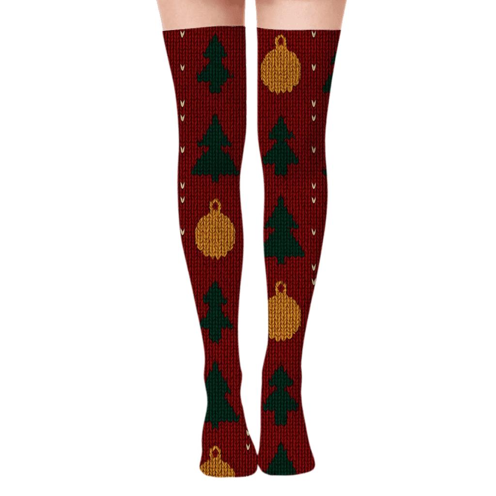 Evergreen Ornament Grid On Deep Red personalized over-the-knee socks