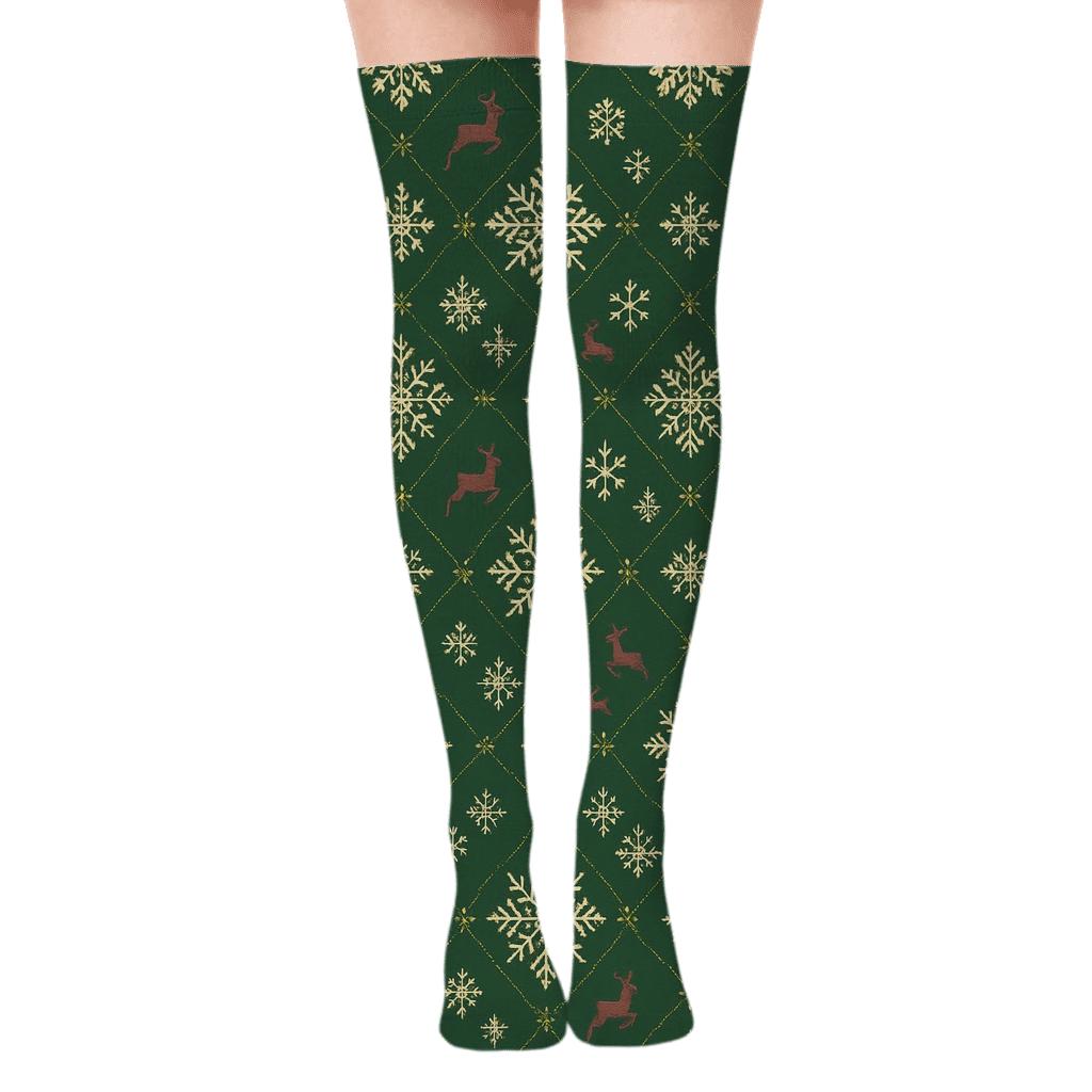 Nordic Snowflake Lattice On Forest Green unique graphic over-the-knee socks