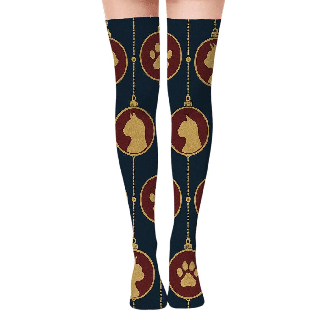 Classy Feline Ornament Lattice On Navy Background soft everyday over-the-knee socks