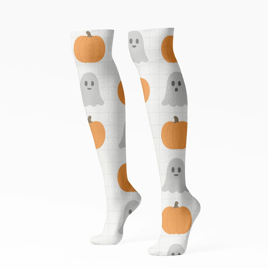 Alternating Ghost And Pumpkin Grid On White Background personalized knee-high socks