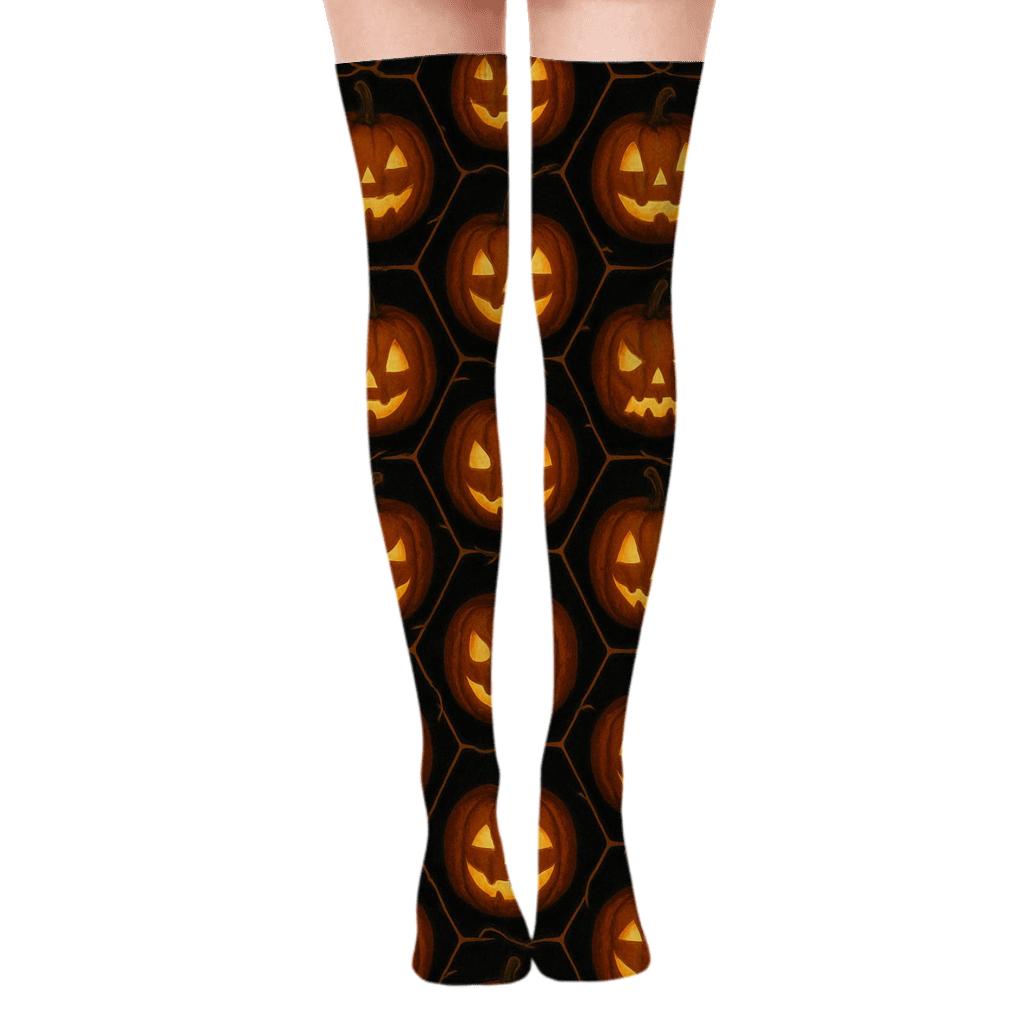 Glowing Pumpkin Tessellation On Black Background unique graphic over-the-knee socks