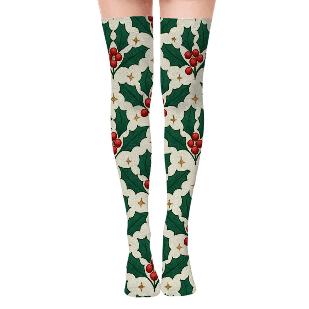 Emerald Holly Tile premium cozy over-the-knee socks