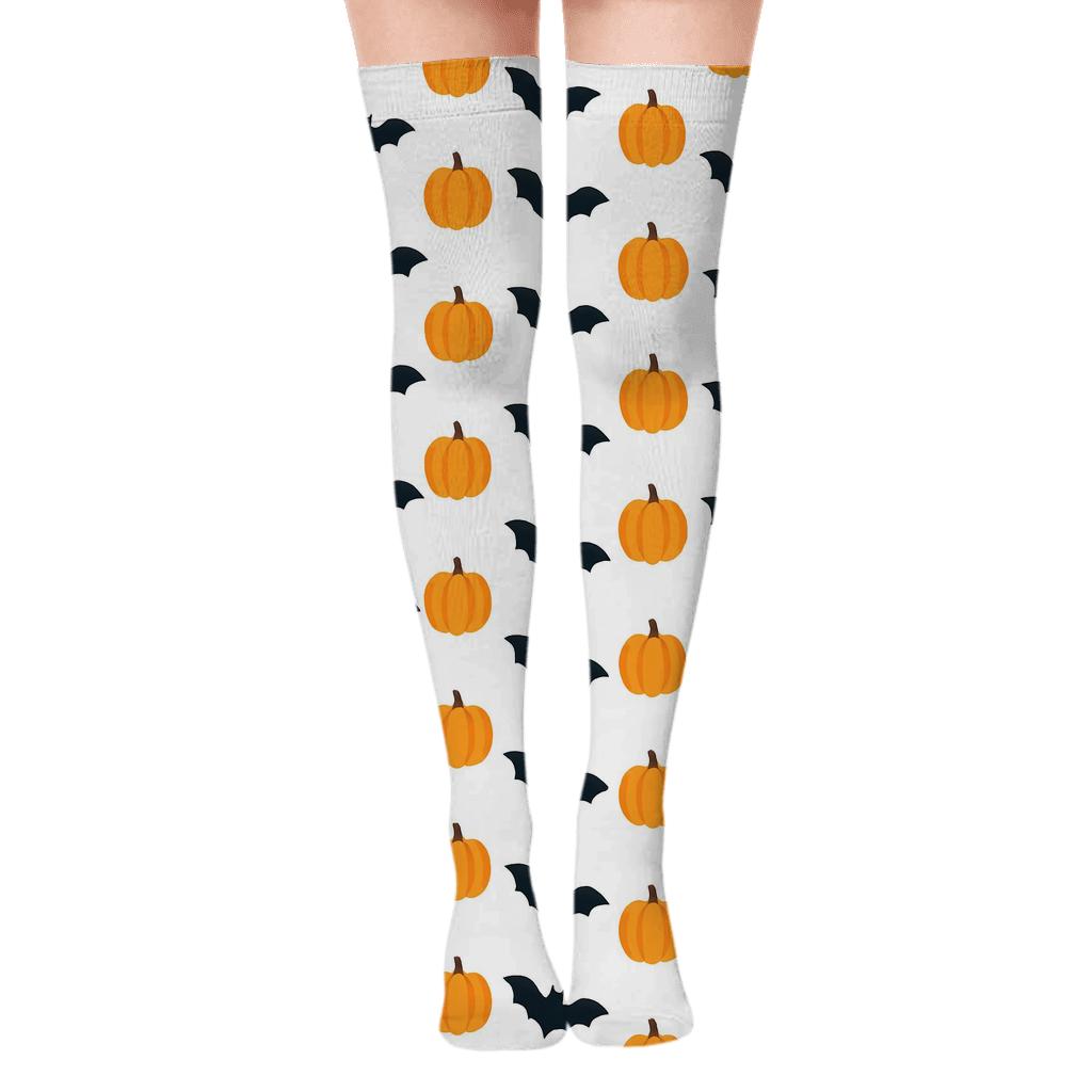 Pumpkin And Bat Diagonal Stripe On White Background premium cozy over-the-knee socks