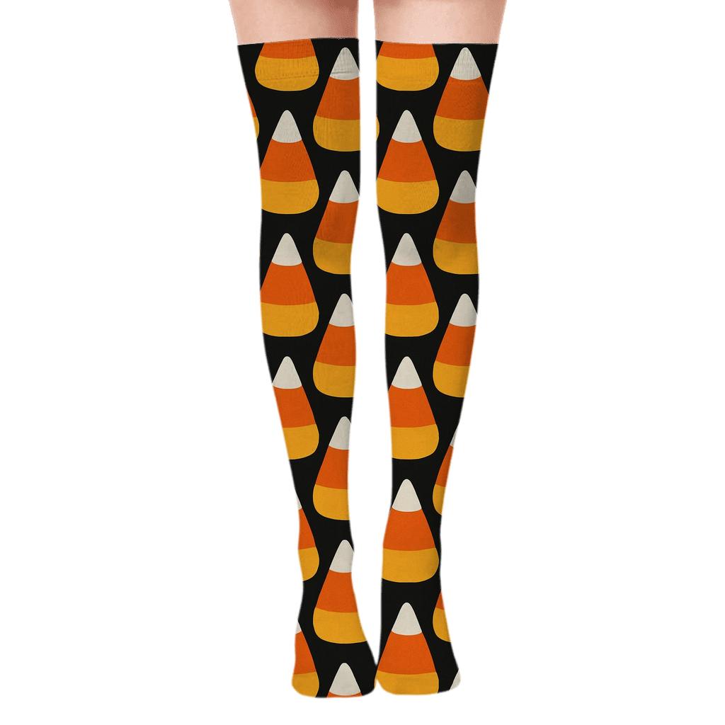 Candy Corn Chevron On Black Background trendy patterned over-the-knee socks
