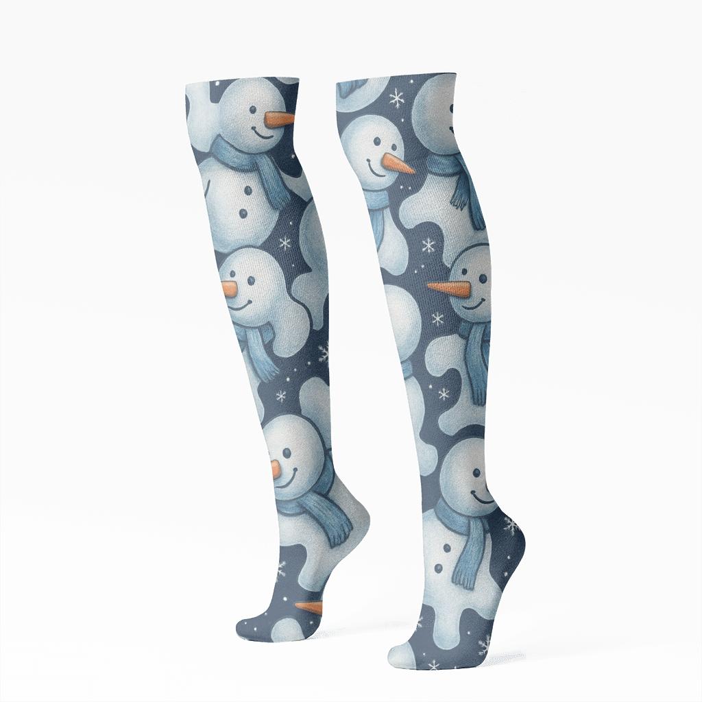 Icy Blue Snowman Tessellation On Navy Blue custom knee-high socks
