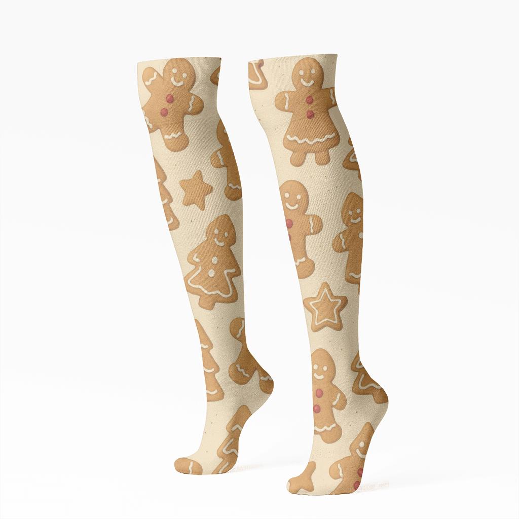 Gingerbread Men Scatter On Beige Background custom knee-high socks