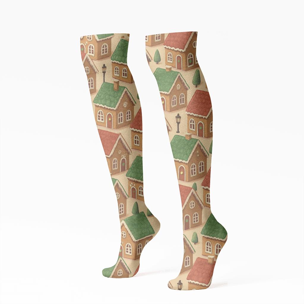 Gingerbread House Village On Beige Background trendy patterned knee-high socks