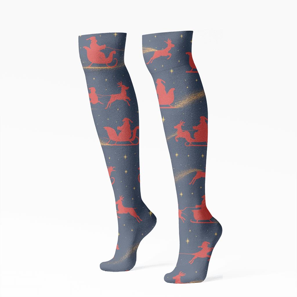 Starlit Sleigh Ride On Indigo Background stylish athletic knee-high socks