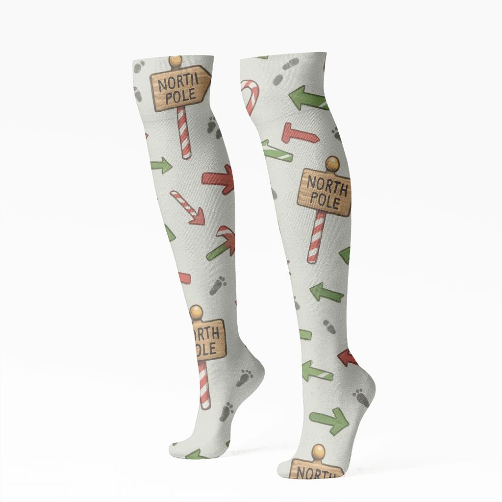 North Pole Signpost Scatter On Light Gray Background personalized knee-high socks