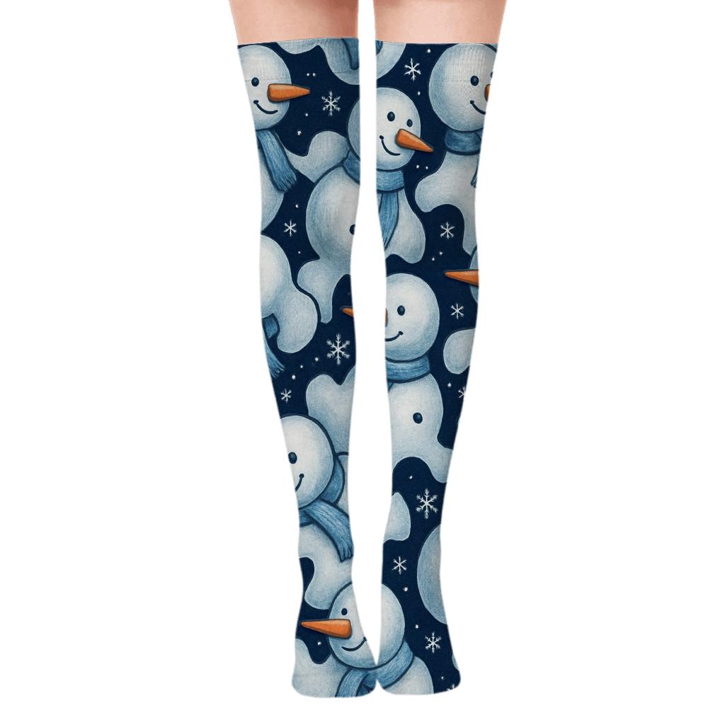 Icy Blue Snowman Tessellation On Navy Blue custom over-the-knee socks