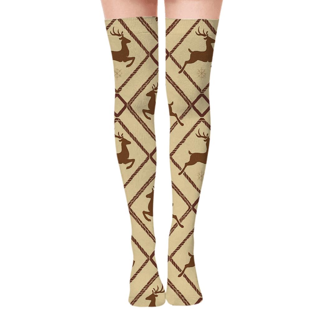 Vintage Reindeer Lattice On Cream Background custom over-the-knee socks