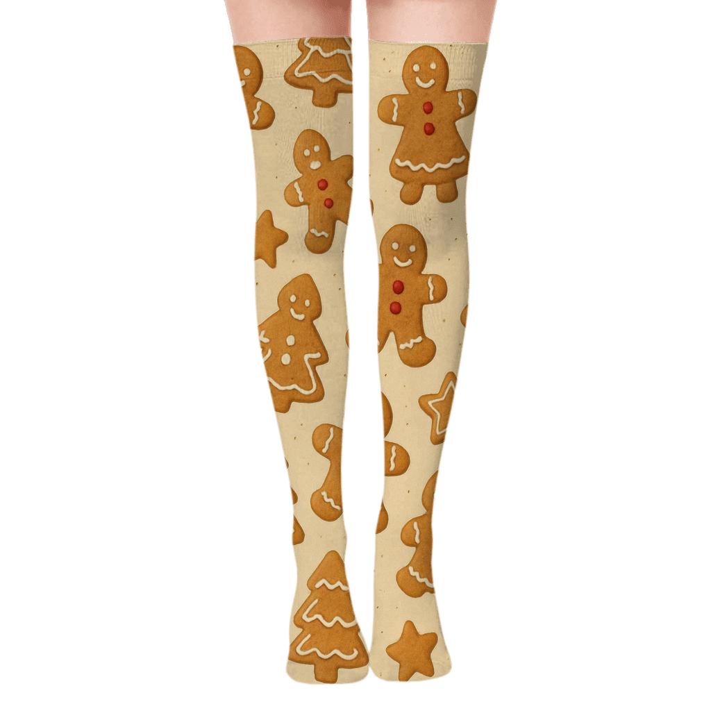 Gingerbread Men Scatter On Beige Background comfortable cotton over-the-knee socks