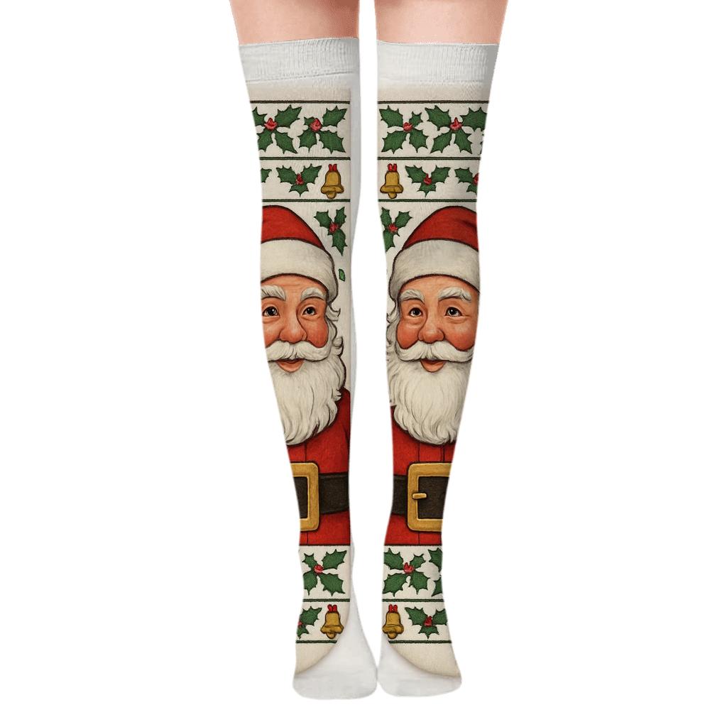 Santa Spotlight Mirrored Pair On White Background unique graphic over-the-knee socks