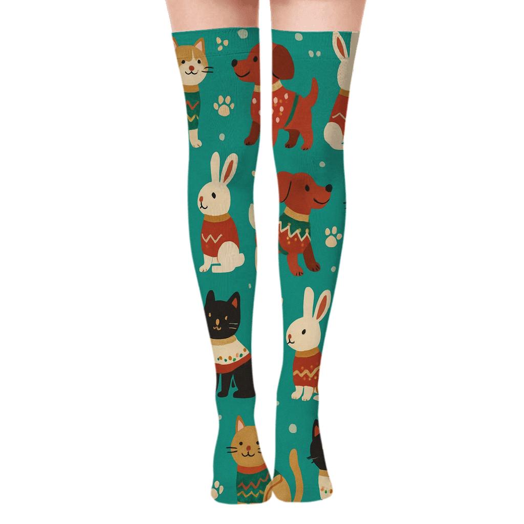 Holiday Pet Parade On Turquoise Background premium cozy over-the-knee socks
