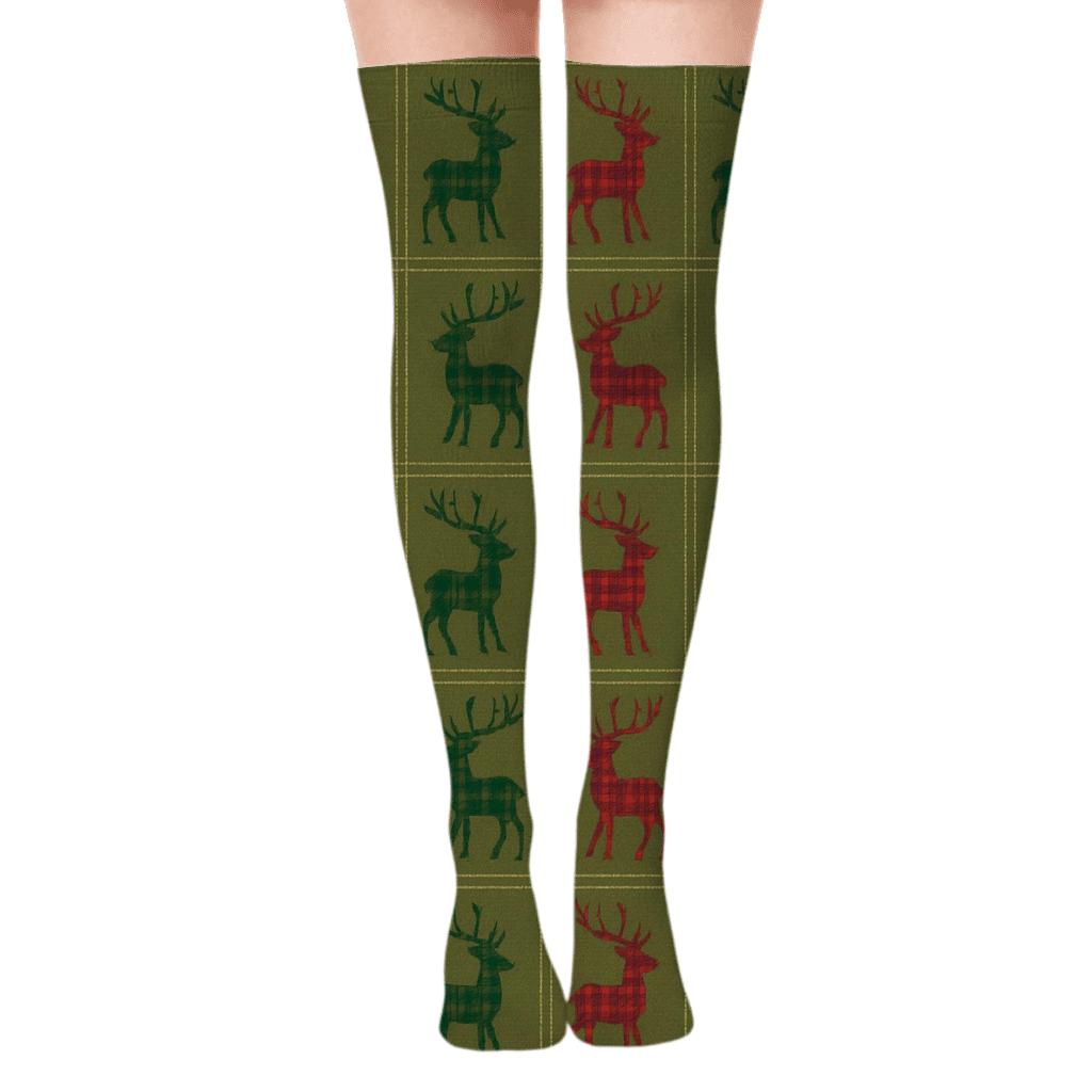 Tartan Plaid Reindeer On Olive Background designer print over-the-knee socks