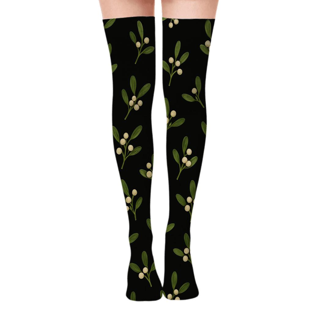 Mistletoe Scatter On Black Background comfortable cotton over-the-knee socks