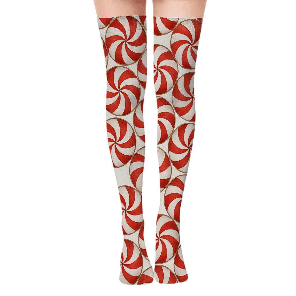 Peppermint Spiral Tessellation On White Background designer print over-the-knee socks