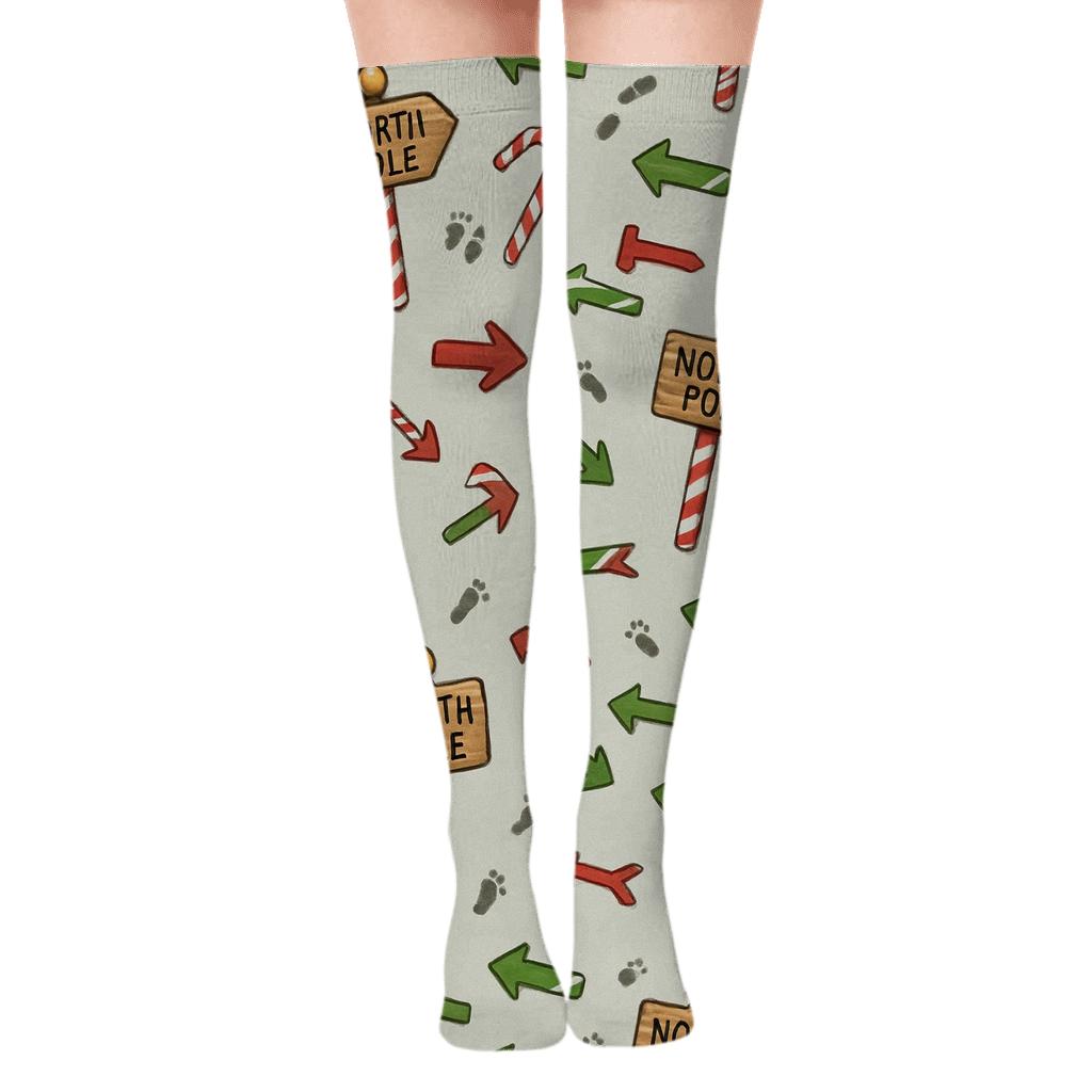 North Pole Signpost Scatter On Light Gray Background personalized over-the-knee socks