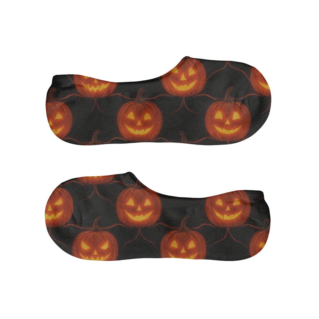 Glowing Pumpkin Tessellation On Black Background designer printed no-show socks