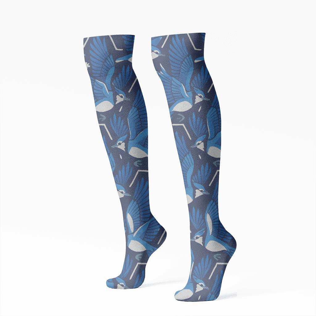 Flying Jay Tessellation On Navy Blue trendy patterned knee-high socks