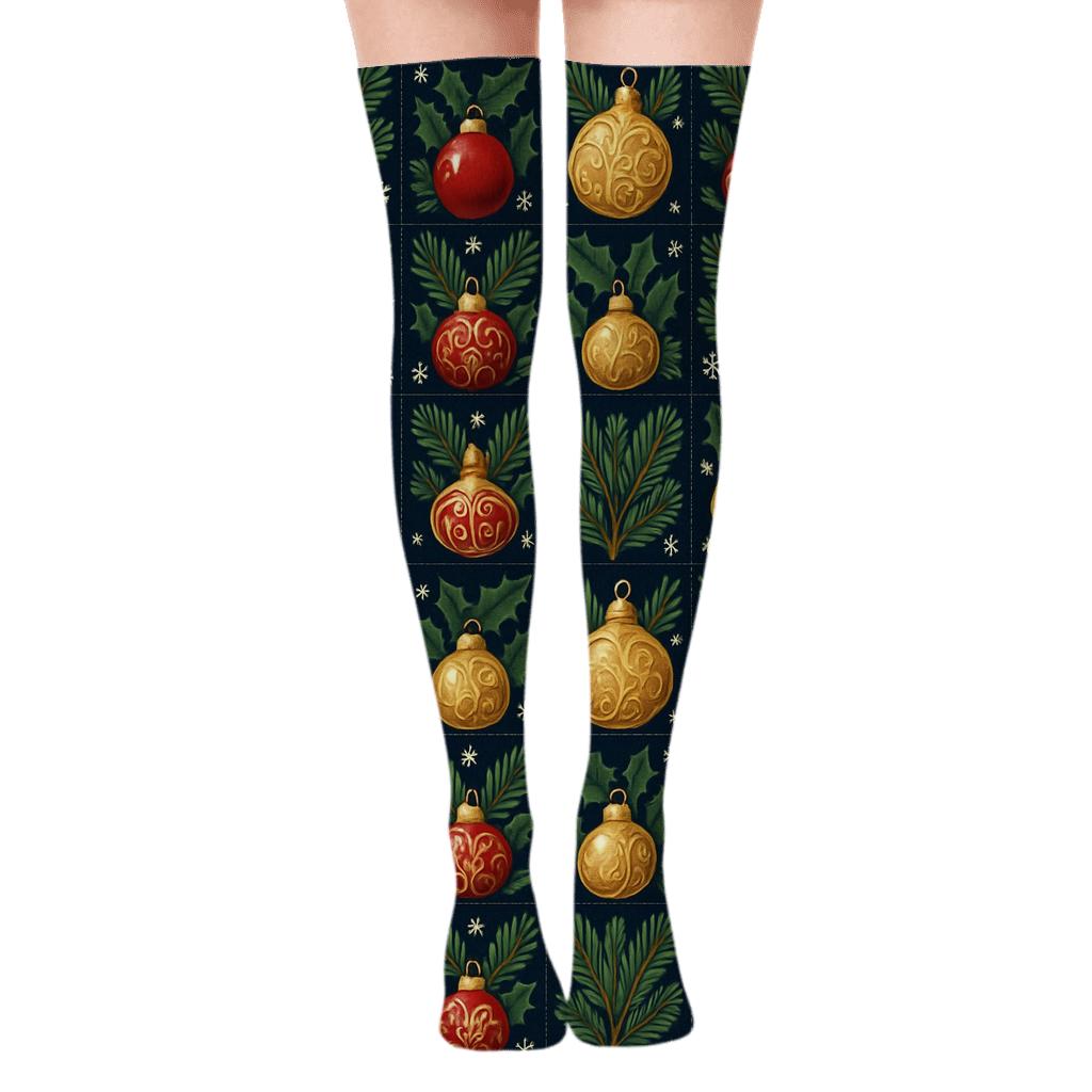 Evergreen Ornament Grid premium cozy over-the-knee socks