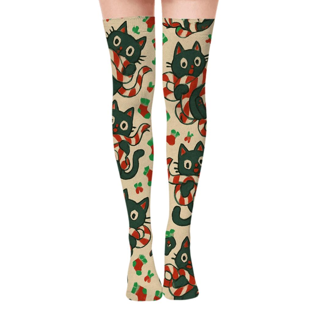 Peppermint Cat Chaos trendy patterned over-the-knee socks