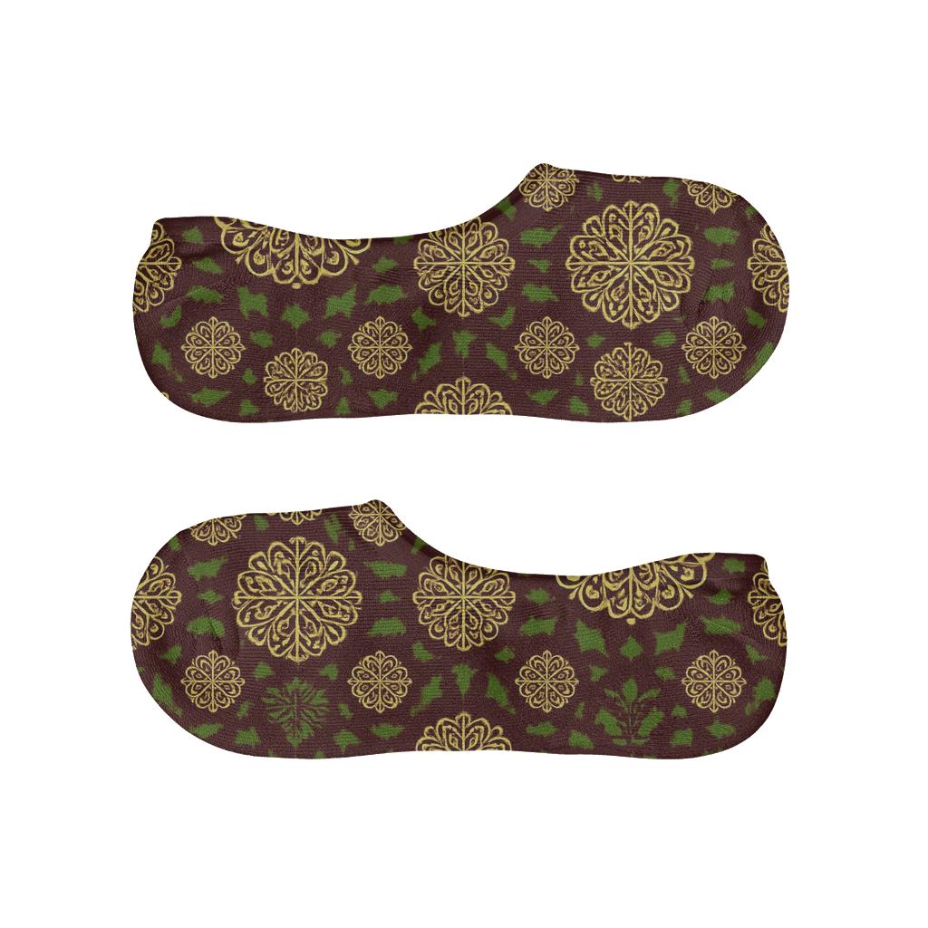 Gold Ornament Concentric Array On Burgundy designer printed no-show socks