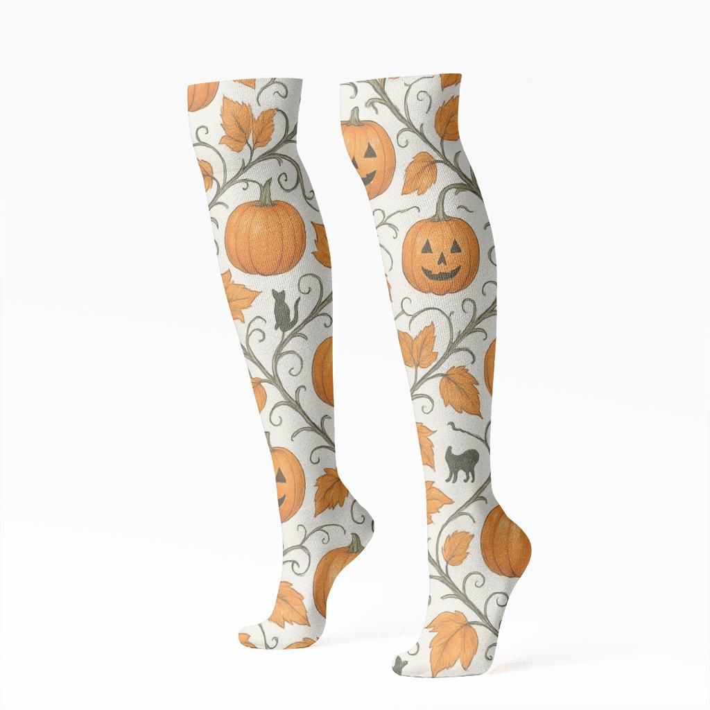 Pumpkin Vine Lattice Repeat On White Background unique graphic knee-high socks