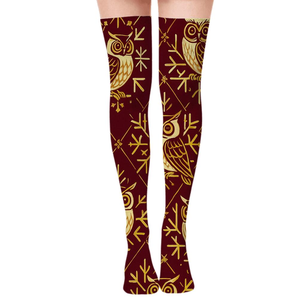 Owl Snowflake Lattice designer print over-the-knee socks