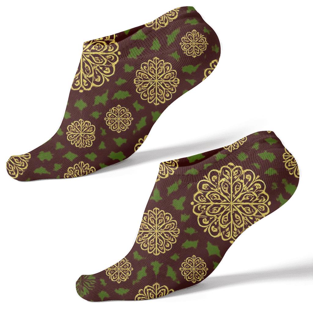 Gold Ornament Concentric Array On Burgundy designer print ankle socks