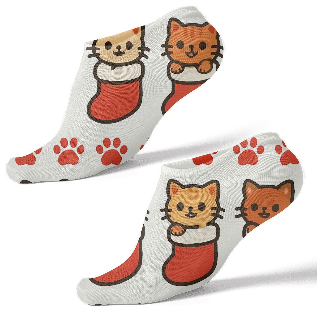 Playful Cat In Stocking Alternating Bands On White unique graphic ankle socks