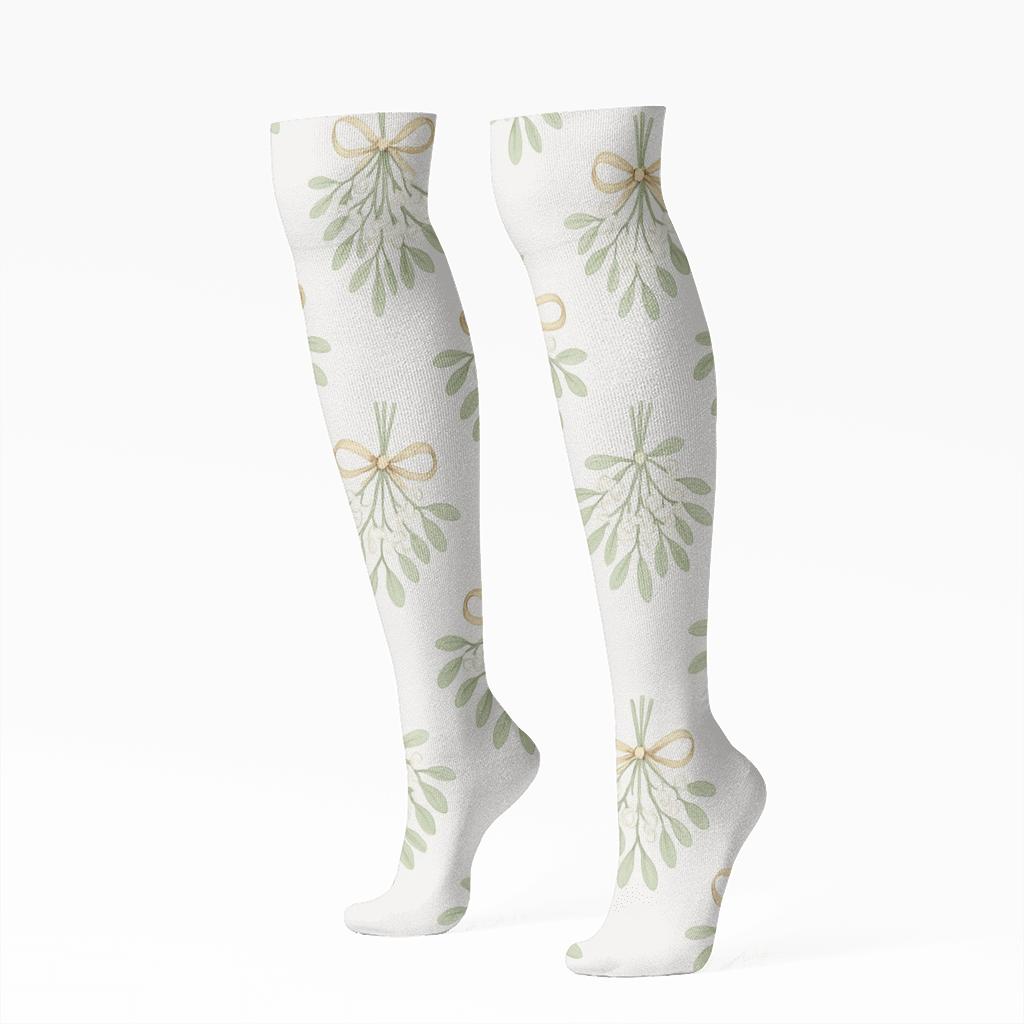 Mistletoe Rhythm On White Background trendy patterned knee-high socks