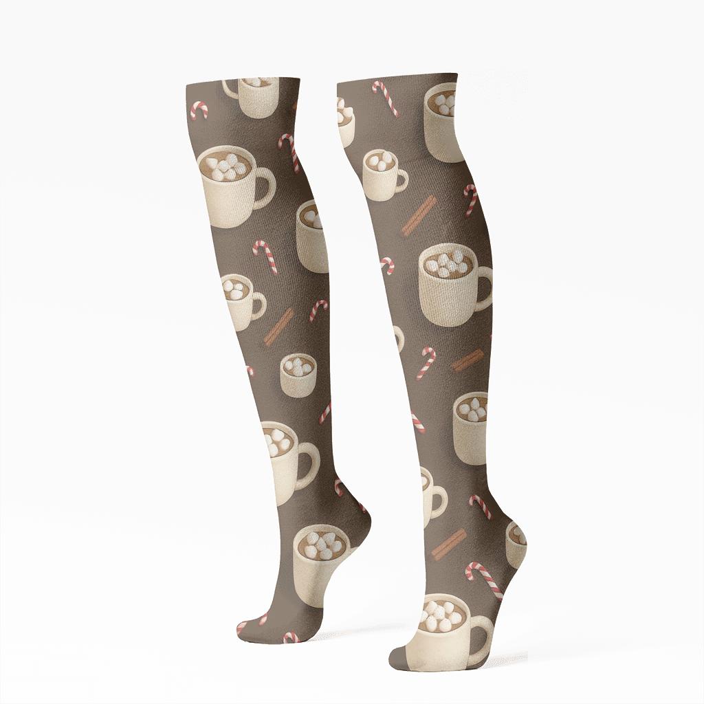 Hot Cocoa Mug Scatter On Chocolate comfortable cotton knee-high socks