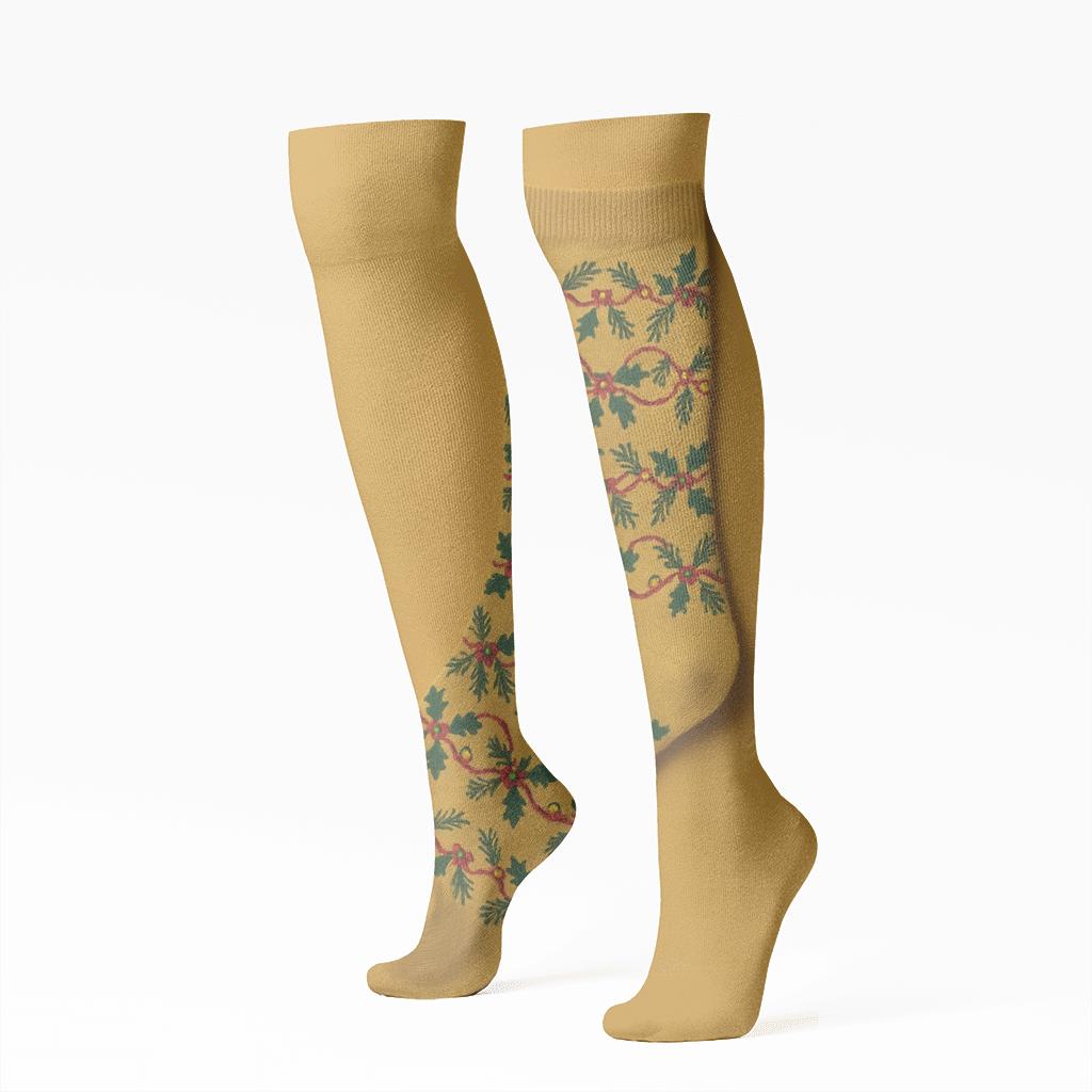 Festive Garland Chain On Mustard designer print knee-high socks