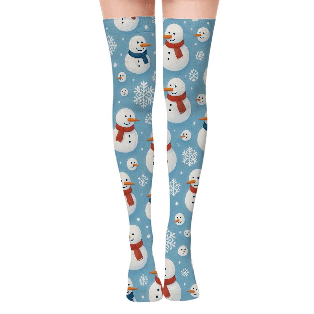Snowman Scatter On Icy Blue trendy patterned over-the-knee socks
