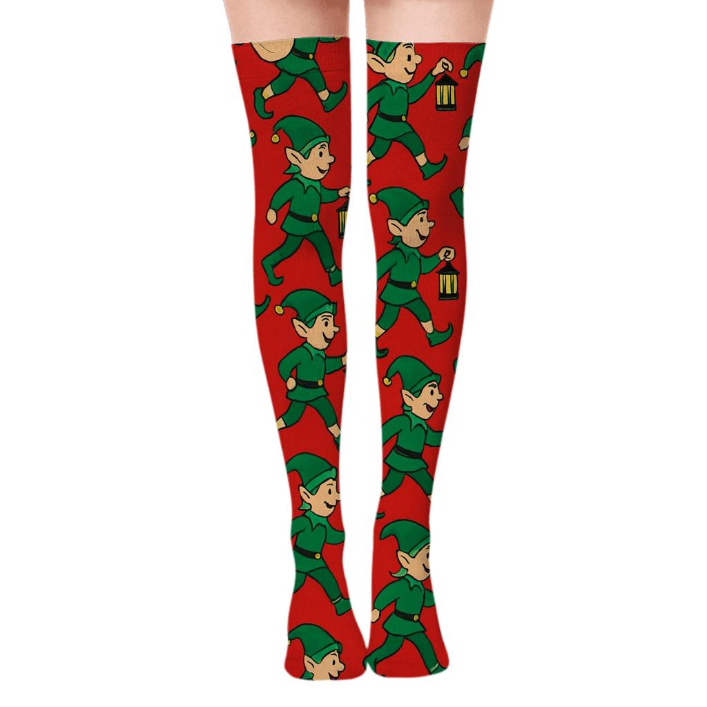 Elf Chevron Parade On Red comfortable cotton over-the-knee socks