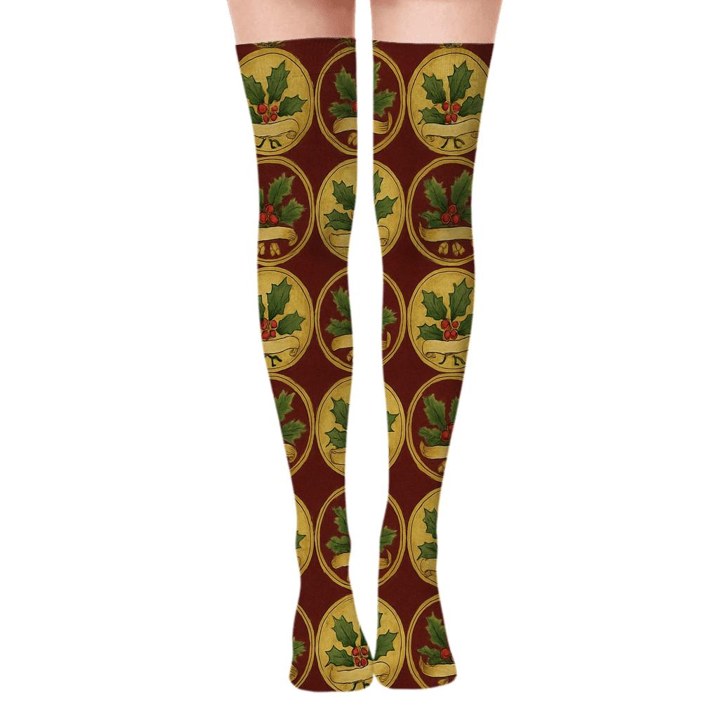 Victorian Holly Medallion Tiling designer print over-the-knee socks