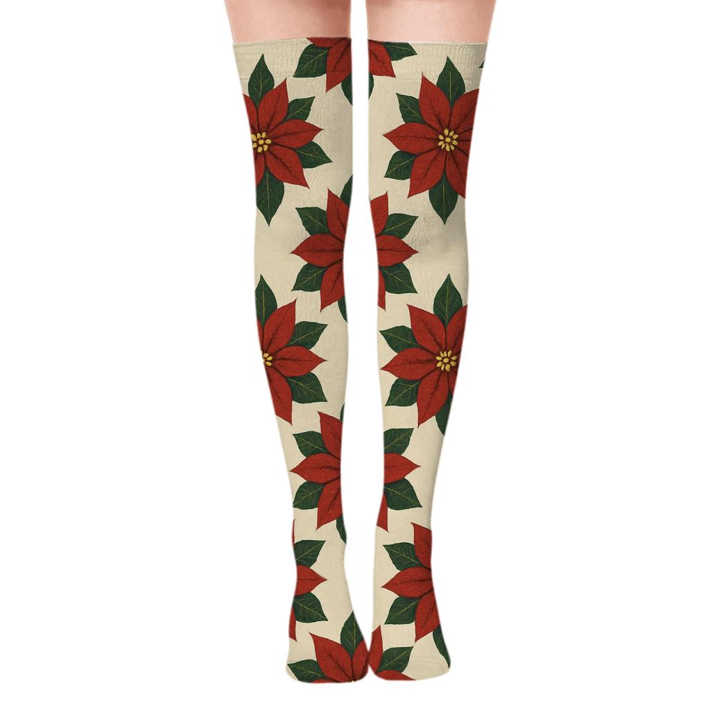 Poinsettia Corner Repeat On Ivory comfortable cotton over-the-knee socks