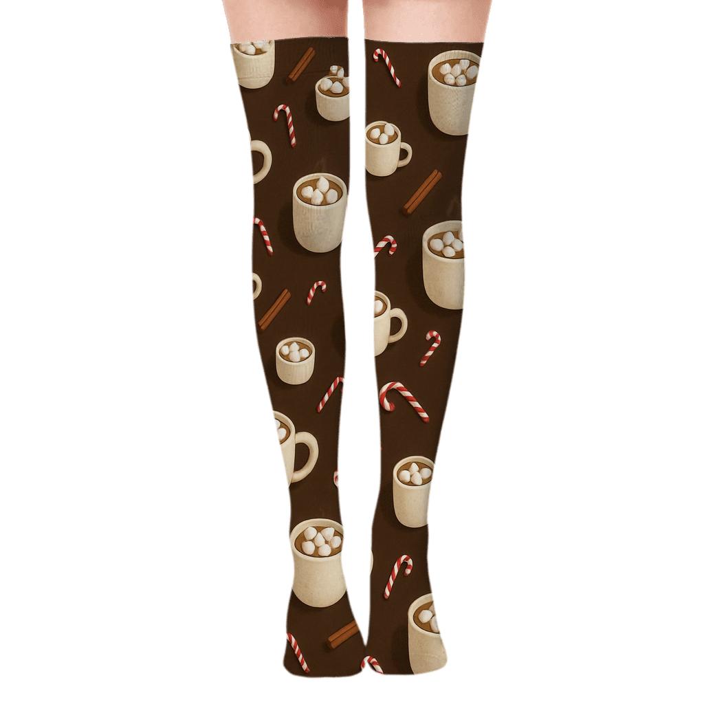 Hot Cocoa Mug Scatter On Chocolate premium cozy over-the-knee socks