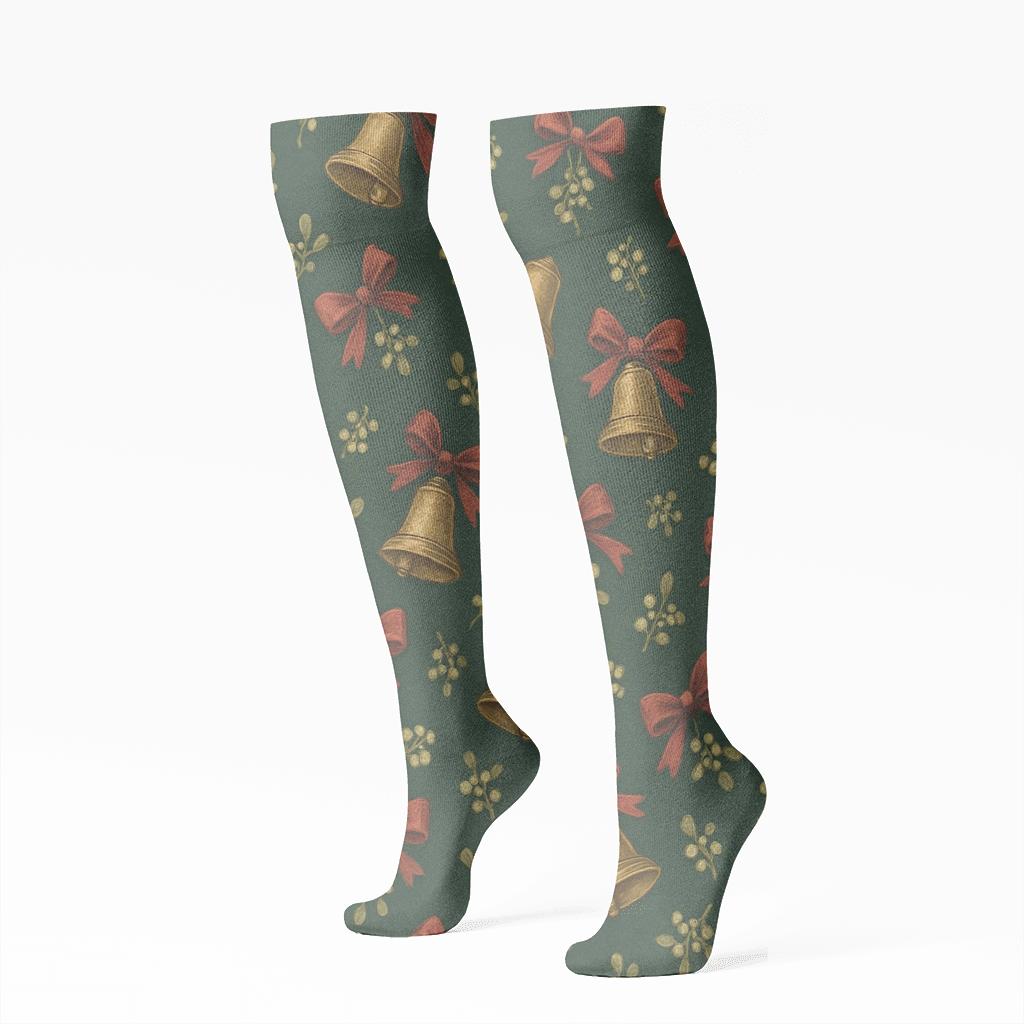 Golden Bell Scatter On Dark Green stylish athletic knee-high socks