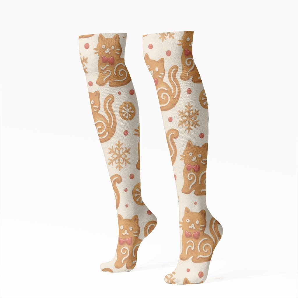 Gingerbread Cat Parade unique graphic knee-high socks